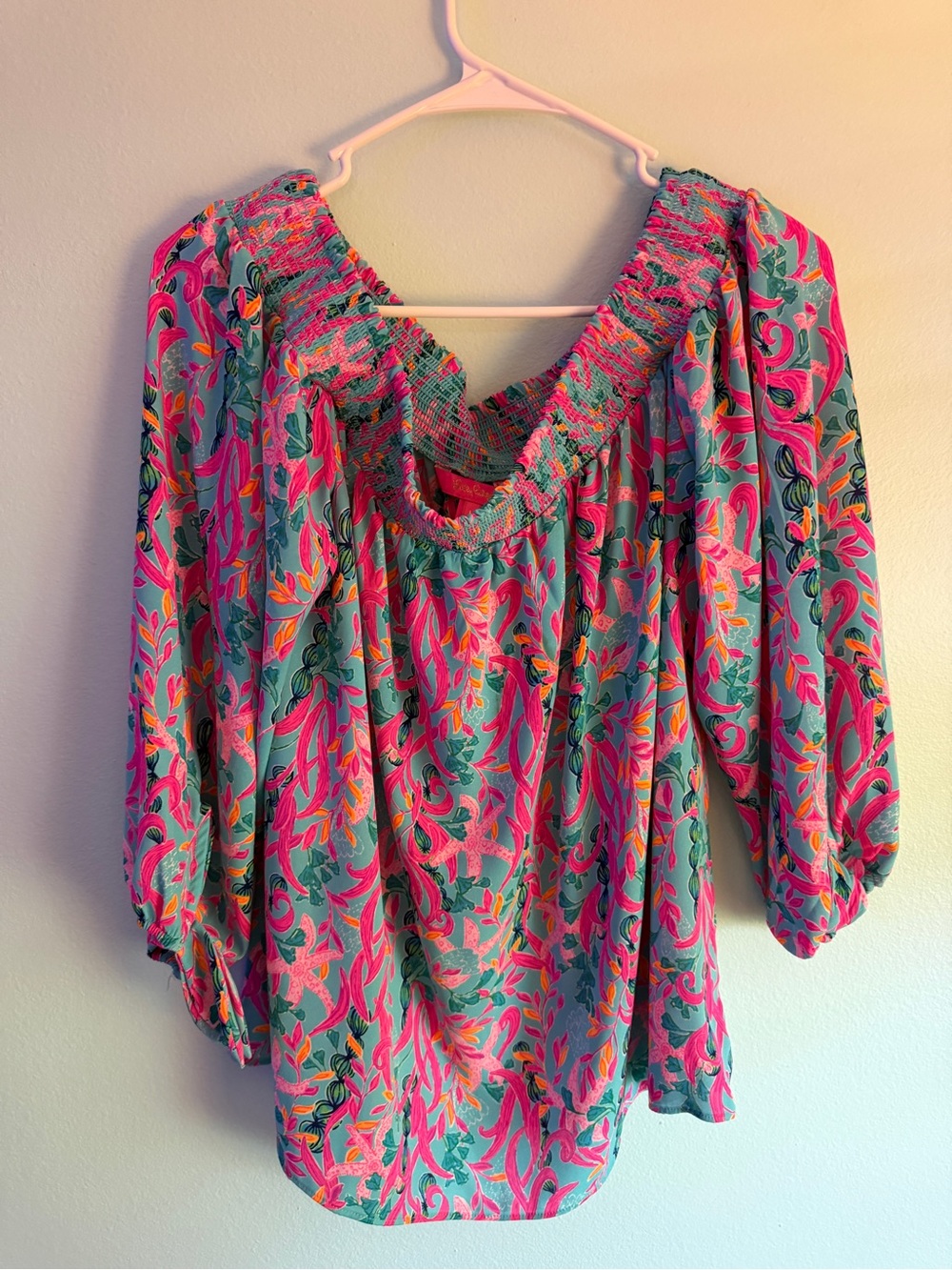 Lilly Pulitzer Pink & Teal Floral Off-Shoulder Tunic
